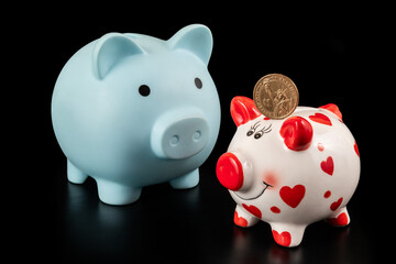 Two piggy banks and a $1 coin with the Statue of Liberty