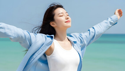 밝은 여름 햇살 아래 해변에서 미소 짓고 있는 젊은 여성 모델, 흰색 민소매와 파란 셔츠를 입고 자연스럽고 상쾌한 분위기