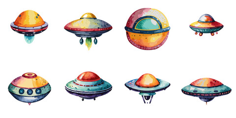 Multiple vector illustrations UFO, watercolor style