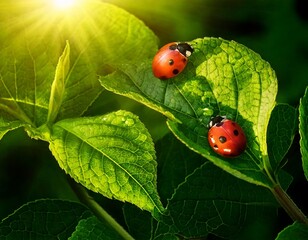 Beautiful juicy leaves, curl plants, two ladybirds macro glows in sun on dark green saturate.jpg