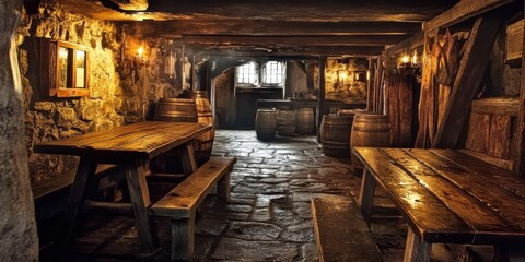 Naklejka premium Wooden tables and benches in a historic cellar.