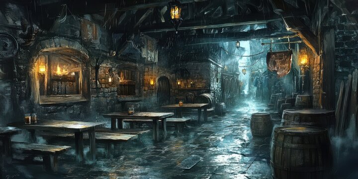 A medieval tavern alleyway on a rainy day.
