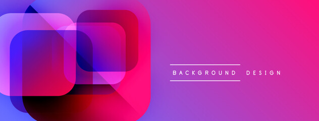 Abstract geometric shapes overlap, creating vibrant color gradients. Pink, purple, blue hues dominate design. Minimalist text present.