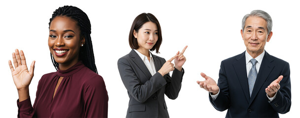Diverse group of people gesturing and smiling. Young Black woman waving, Asian businesswoman pointing, and senior Asian businessman presenting on transparent background.