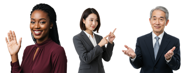 Diverse group of people gesturing and smiling. Young Black woman waving, Asian businesswoman pointing, and senior Asian businessman presenting on transparent background.