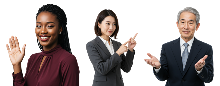 Diverse group of people gesturing and smiling. Young Black woman waving, Asian businesswoman pointing, and senior Asian businessman presenting on transparent background. - Powered by Adobe