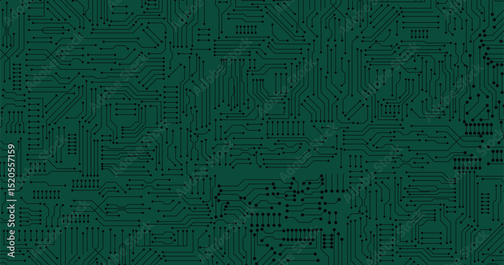 Wall mural thin circuit trace lines in black on a dark green technology background. abstract digital tech bg. e
