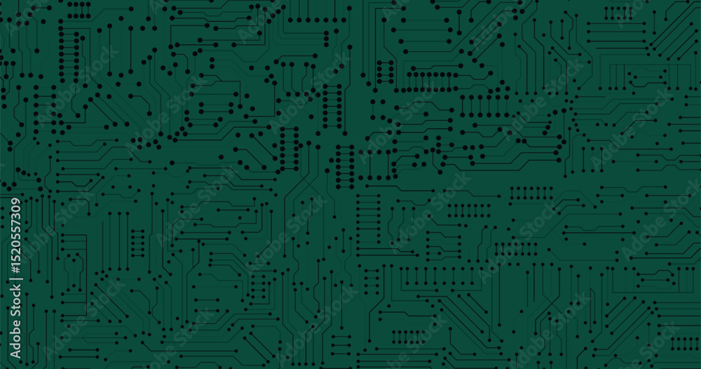 Wall mural thin circuit trace lines in black on a dark green technology background. abstract digital tech bg. e