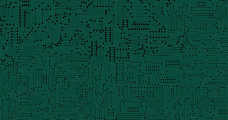 Thin circuit trace lines in black on a dark green technology background. Abstract digital tech bg. Electronics and computer technology concept. Chip and circuit board. Vector illustration. 