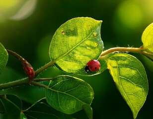 Beautiful juicy leaves, curl plants, two ladybirds macro glows in sun on dark green saturate.jpg