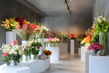 Colorful floral displays arranged on white pedestals in a modern flower shop.