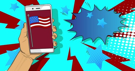 Cartoon Smartphone, comic book Telephone with American Flag. Retro animation, comics pop art video.
