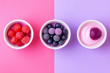 Colorful Bowls of Berries and Yogurt on Pink and Purple Background