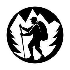 Fototapeta premium Silhouette of a hiker with backpack and walking stick in mountain scene
