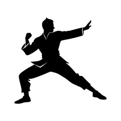 Silhouette of a martial artist in a fighting stance with arms extended