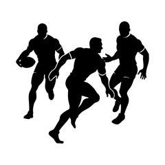 Silhouette of three rugby players running with the ball in black color