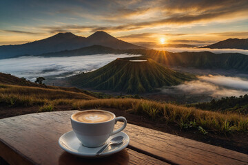 A cup of coffee on a wooden table at golden sunrise time with Mount Bromo in the background. 