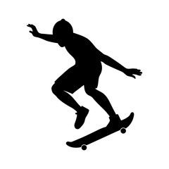 Silhouette of a skateboarder performing a trick on a skateboard in black