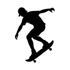 Silhouette of a skateboarder performing a stunt on a skateboard in air