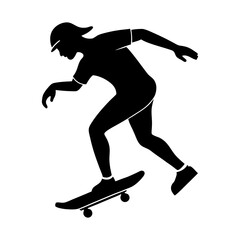 Silhouette of a person skateboarding with a cap in black and white style