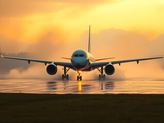 Passenger airplane on run way, Generative AI Illustration.