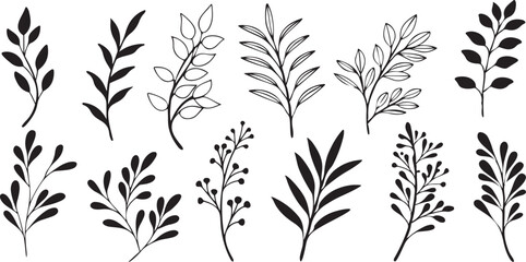  Twig and Leaf Set: Modern Black and White Art Elements for Digital Design and Print Applications. © Picture Paradise