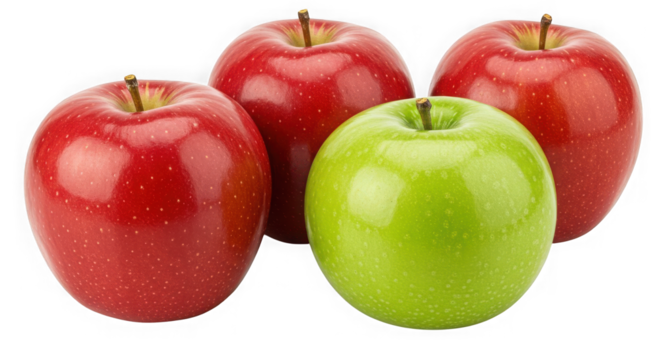 A group of three red apples and one green apple on a transparent background close up