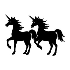 Two black unicorn silhouettes standing on a white isolated background