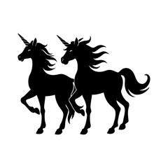 Two black unicorn silhouettes standing side by side in a white space