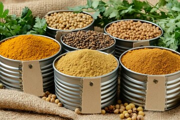 Colorful Assortment of Spices in Metal Containers on Natural Fabric