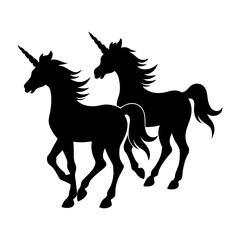 Two black unicorn silhouettes running side by side on a white background