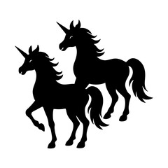 Two black unicorn silhouettes standing side by side in a simple design