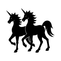Two black unicorn silhouettes walking side by side in a simple design