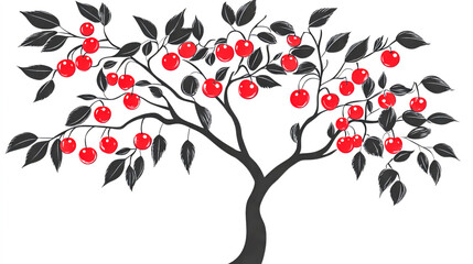 Naklejka premium Tree with Cherries Silhouette on White - Garden and Nature Illustration