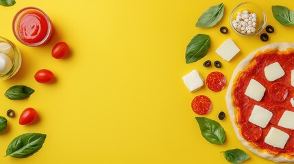 Minimalist layout showcasing various fresh ingredients used in making pizza including tomatoes cheese basil leaves olives and spices on a vibrant yellow background