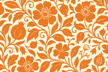 Seamless Vintage Floral Pattern with Bold Orange Flowers and Curved Vines on Cream Background