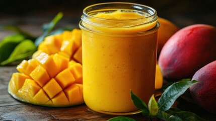 Delicious Mango Smoothie in Glass Jar with Fresh Fruit