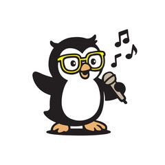 Singing Penguin with Microphone and Musical Notes