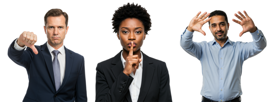 Diverse Business Professionals Expressing Different Gestures. Caucasian Man with Thumbs Down, African American Woman Shushing, South Asian Man Framing with Hands. Isolated on transparent background.