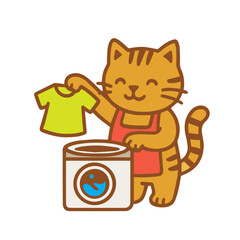 Cartoon Cat Doing Laundry with a Washing Machine