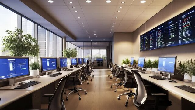 A large open office space with many computer monitors and chairs. The room is well lit and has a modern, professional feel
