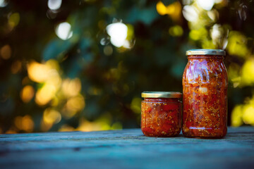 Home preservation. Vegetable salad in a glass jar on a wooden table. Natural green background with smooth bokeh. Healthy food concept. Vegetables from the garden.