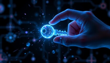 a human hand holding a key hologram graphic in front of an intricate digital network or map.