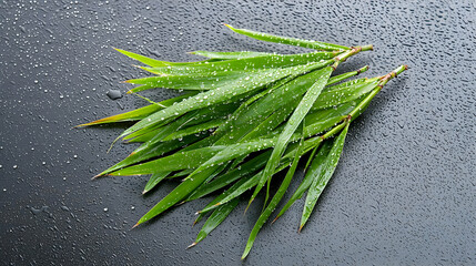 Fresh Green Leaves with Water Drops on Dark Background