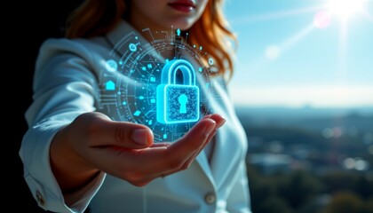 a person holding a digital representation of a lock within their hand. the lock appears as a hologram, with the individual using a gesture to manipulate it