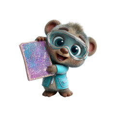 Adorable 3D Rendered Cartoon Bear Cub Scientist Holding Sparkle Notebook