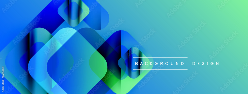 Poster Abstract geometric shapes overlap, creating vibrant blue, green gradient. Modern design suggests technology, innovation, fluidity.