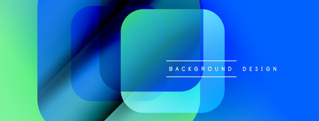Abstract geometric shapes overlap, creating vibrant gradients. Blue, green hues dominate design, modern aesthetic. Text reads background design.
