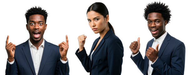 Collage of diverse young business professionals expressing strong emotions. Surprised Black man with idea, determined Hispanic woman, and happy Black man with thumbs up, isolated on black.