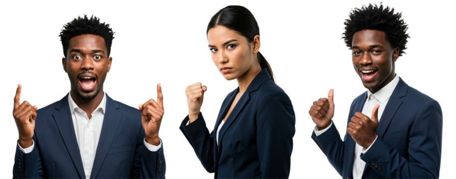 Collage of diverse young business professionals expressing strong emotions. Surprised Black man with idea, determined Hispanic woman, and happy Black man with thumbs up, isolated on black.